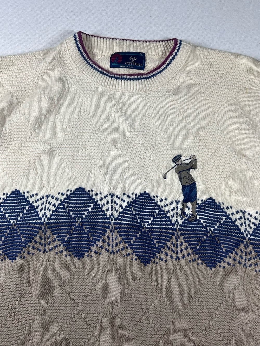 Vintage USA Golf Scene Isle of Cotton Argyle Knit Mens Sweater XL Thick Knit 90s